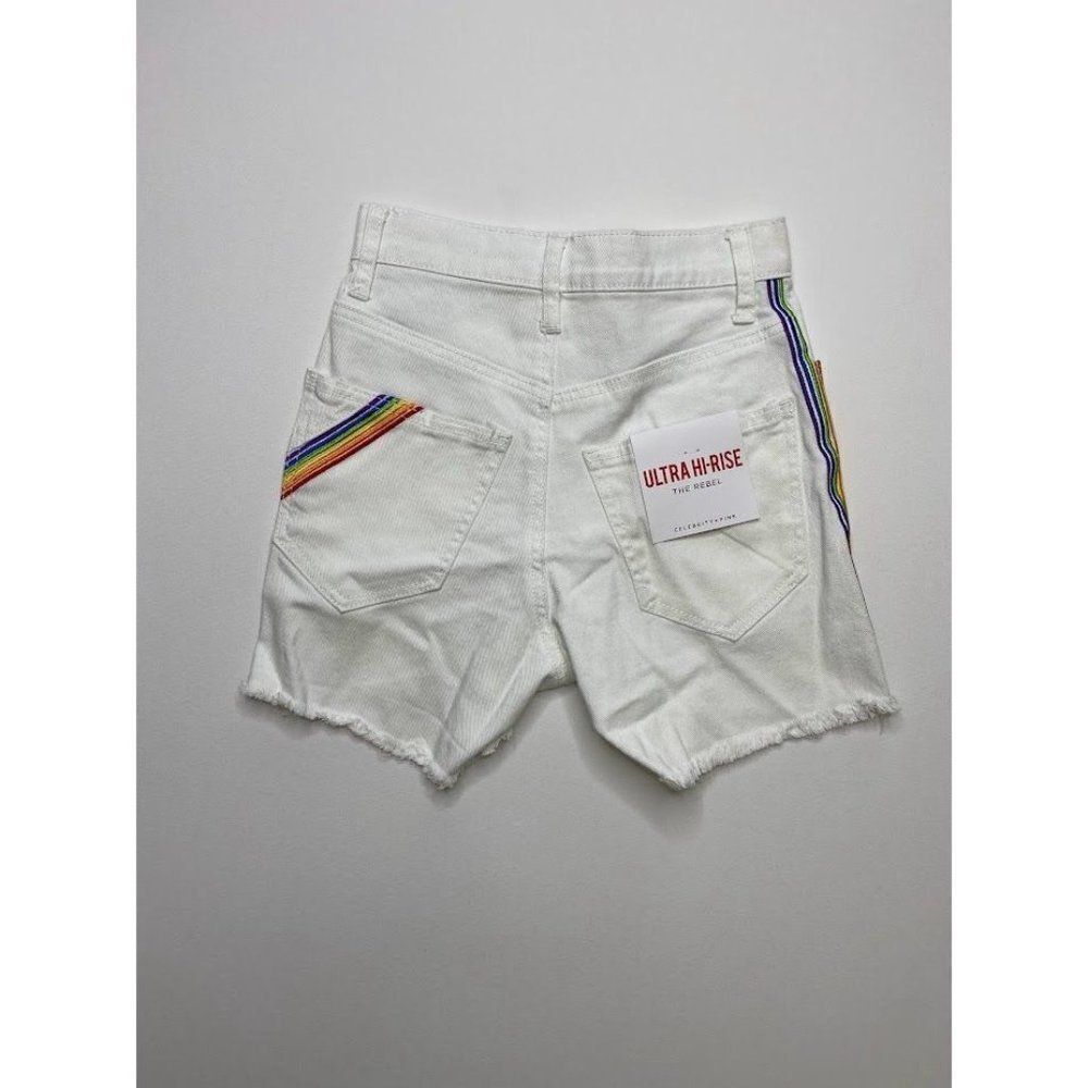 Celebrity Pink Jean Shorts 0 White Juniors' Rainbow Stripe Stretch Raw-Hem NEW - Picture 2 of 13